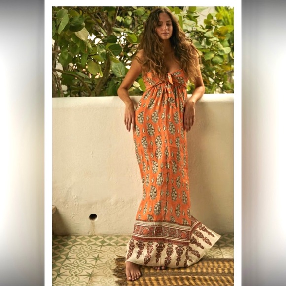 SOLD Johanna Ortiz Charisma of the Tropics Maxi Dress 100% linen orange 0 NWT - Picture 3 of 16